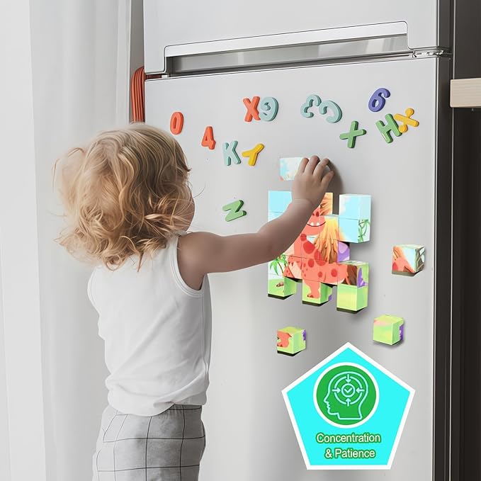 ritastar Magnetic Blocks Building Toy, 25pcs Mine Stacking Magnet Build Cubes Cartoon Pattern World,STEM Sensory Construction Toys for Kids Gift,Educational Jigsaw Puzzle Set with 3D Dinosaur Designs