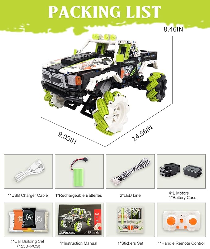 Pickup Truck Building Kits with Remote Control for Adults,Technic Off-Road Car Building Blocks Toys,STEM Engineering Gift for Mens,Boys,Kids-1550PCS(Green)