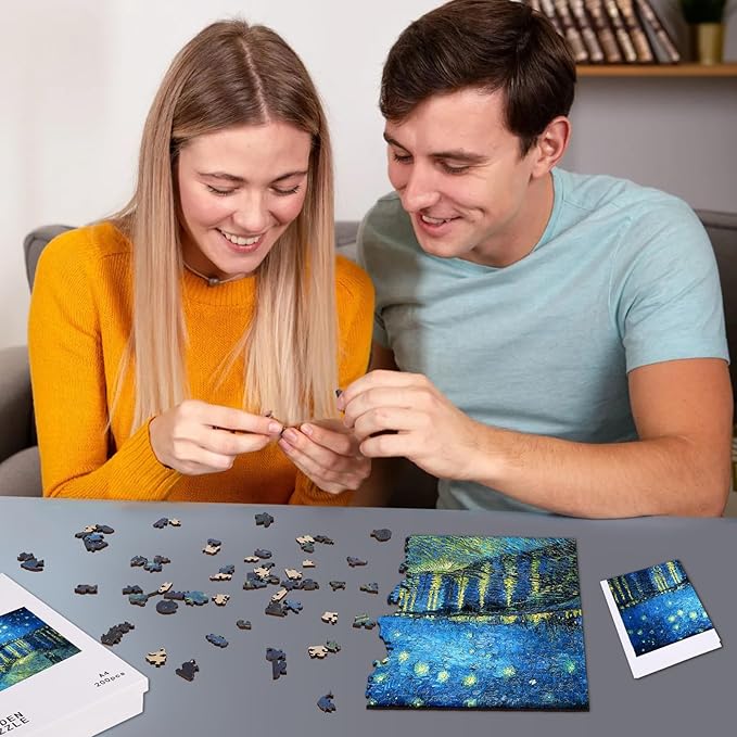 Wooden Jigsaw Puzzles, Wooden Puzzles for Adults, Starry Night Over The Rhone Unique Shape Wood Puzzles, 200 Pcs, Vincent Van Gogh Star Wall Art Decoration for Home