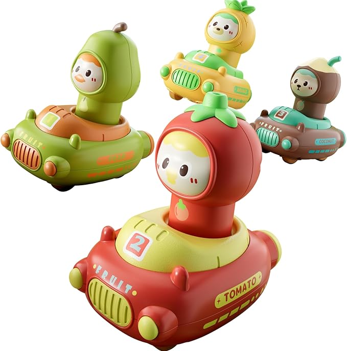 4 Pack Press and Go Cars Toys for Toddlers 1-3, 1-2 Year Old Baby Racing Cars, Infant Play Vehicle Set, Push Go Friction Car Toys for 6-9-12-18-24 Month, 1st Birthday Gifts for Boys Girl (Fruit)