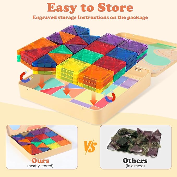 60 PCS Mini Magnetic Tiles, Travel Magnetic Tiles Magnetic Building Blocks with Iron Box, Portable Travel Toys for Kids Ages 4-8, STEM Learning Educational Construction Travel Toys for Toddlers 3+