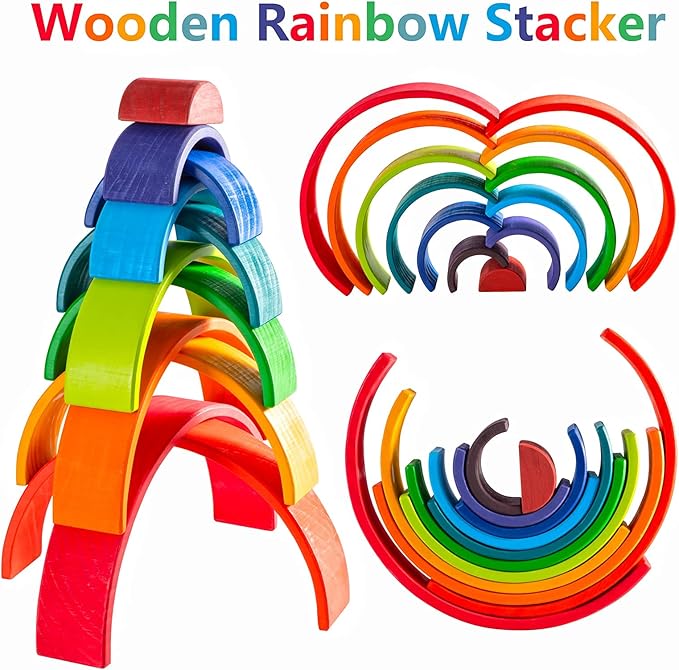 Wooden Rainbow Stacking Toy, 12 Pcs Wood Building Blocks Set, Waldorf Toys for Toddlers, Matching Educational Learning Toy