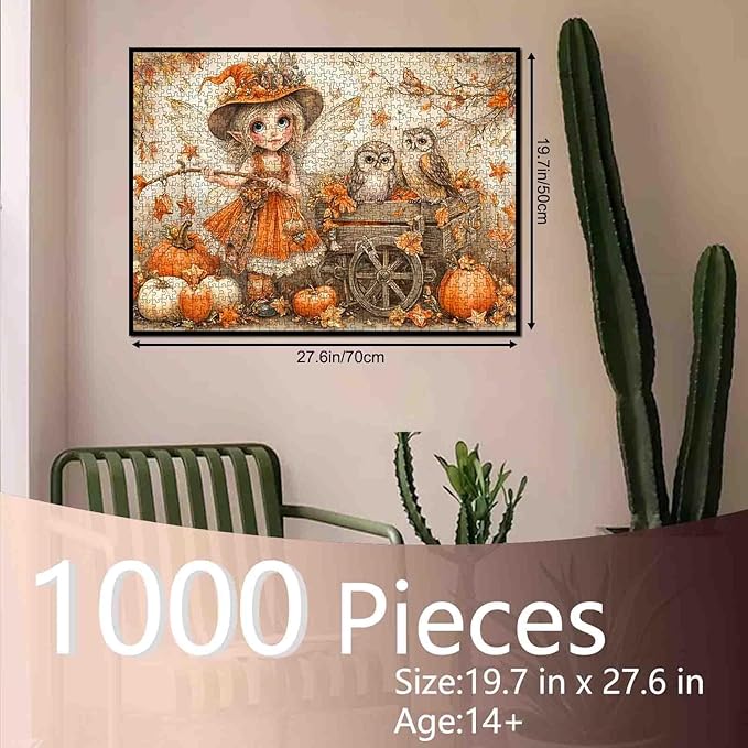 Autumn Fairy 1000 Piece Jigsaw Puzzle for Adults Pumpkins and Owls Whimsical Fall Forest Puzzles Fantasy Woodland Puzzle for Family Games Cozy Halloween Challenging Aesthetic Puzzle Gift Home Decor