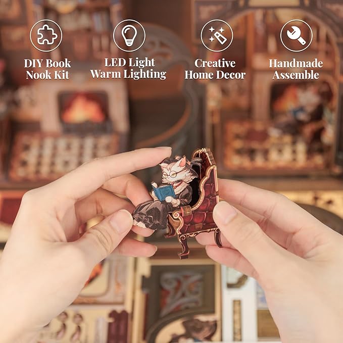 CUTEBEE DIY Book Nook Kit, Miniature House Kits for Adult and Teens, DIY Miniature Book Nook kit with Sensor Led Light, Gifts for Lovers and Family (Count Cat's Study)