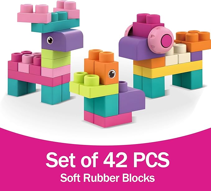 Soft Building Blocks for Toddlers, Stacking Blocks for Babies 6 Months and Up STEM Toddler Gifts, Large Construction Block Set Rubber Blocks Bag with 42 Pieces and Storage,Gift for Easter