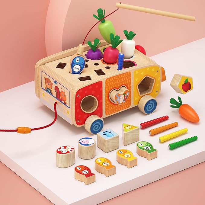 Dailyfunn Montessori Wooden Farm Toys for Babies Toddlers Boys Girls 1-3 Years Old 1st First Birthday Gifts| Fine Motor Skills Developmental Fishing Game Carrots Harvest Game Shape Sorter
