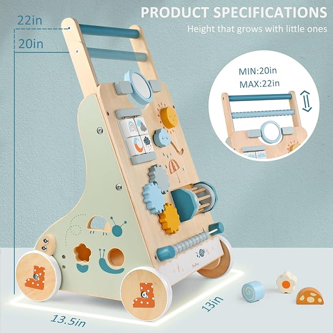 PairPear Wooden Baby Walker, Baby Push Walker, Montessori Walker Toy with Activity Center for Girls Boys, Adjustable Speed Baby Walker for Kids Development