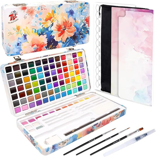 TBC The Best Crafts 100 Colors Watercolor Paint Set For Kids, Students and Artists, Amateur,Beginner.Set includes Coloring Sheets, Black Dual Tip Acrylic Paint Markers, Storage Bag