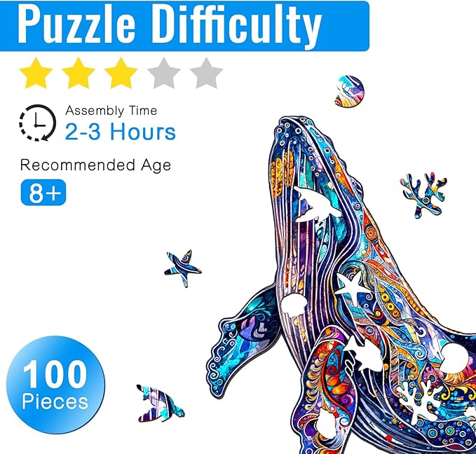 Wooden Puzzle for Adults - Blue Whale Wood Puzzles Adult - Unique Animal Shape Wooden Jigsaw Puzzles for Adults - Birthday Gifts for Puzzle Lovers, Family (9.2 * 7.2in)