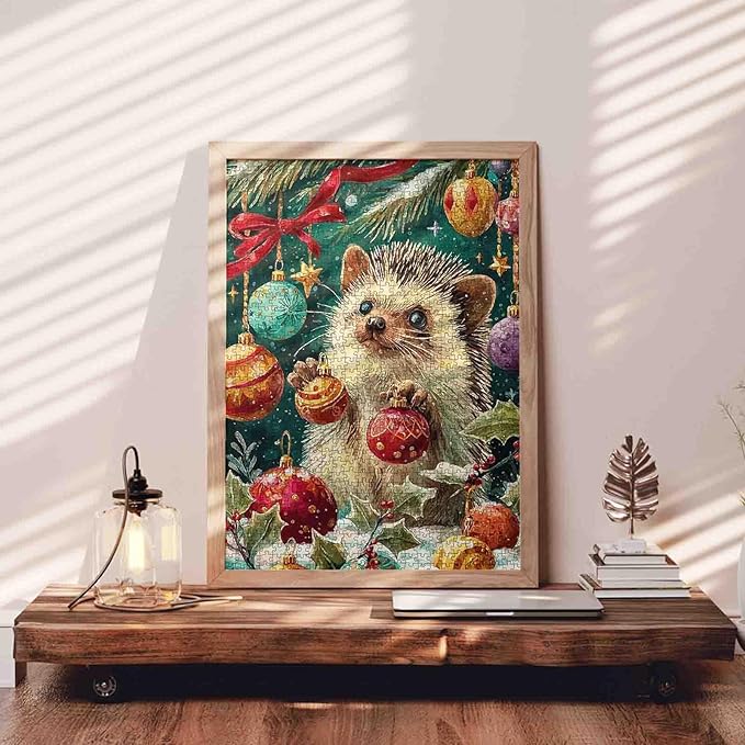 Merry Christmas 1000 Piece Jigsaw Puzzles for Adult Hedgehog Playing with Xmas Balls Painting Jigsaw Puzzle 1000 Animal/Wildlife Puzzles20''x27”inch DIY Craft Puzzle Art Wall Decor Family Challenging