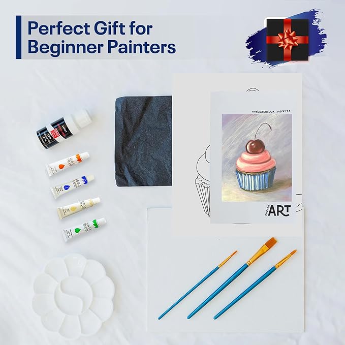 Painting4Real DIY Painting Class Kit for Adults with Video Tutorials: Learn to Paint Cherry Cupcake – How to Paint with Acrylics – Painting & Art Supplies – 9 Piece Acrylic Paint Set