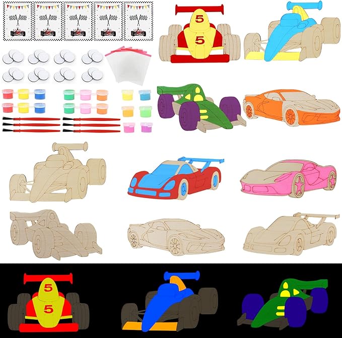 LARDUX Race Car Party Favors, 24PCS DIY Wooden Arts & Crafts Painting Kit for Kids, Glow in The Dark Party Favors Family Crafts Birthday Party Christmas Gifts Toys for Boys Girls