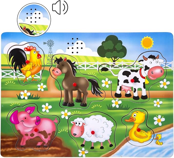 Farm Animals Sound Puzzle, Wooden Peg Puzzles with Sound for Toddlers and Preschoolers Ages 2yrs+, Kids Educational Learning Peg Puzzles Toy Gift (6pcs)