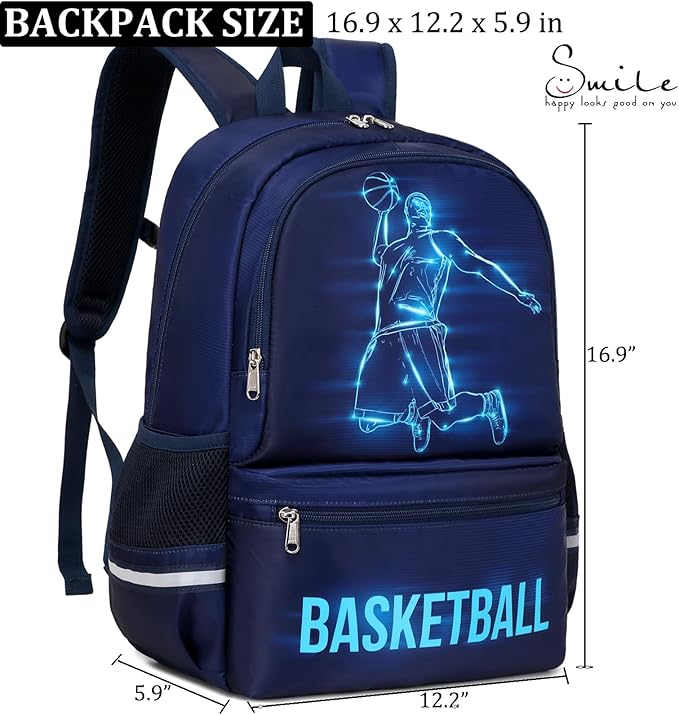 JIANYA Kids Backpack for School Boys, Basketball Themed Backpack with Lunch Box Elementary Kids School Bag Travel Back Pack for Boy, Blue