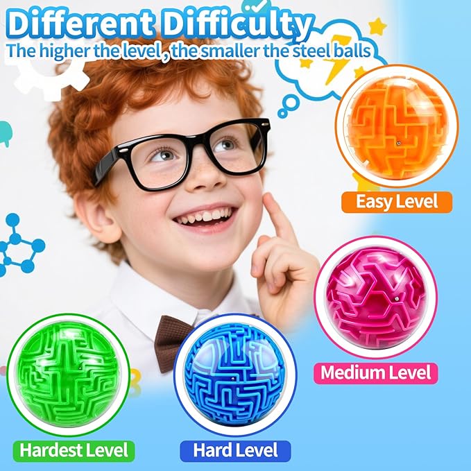 Hymaz 4 Pack 3D Puzzle Maze Ball, Magic Brain Teaser Puzzles Maze Game for Adults & Kids, Memory Sequential Gravity Cube Balls Educational Toys Family Play- Easy & Medium & Hard Challenges