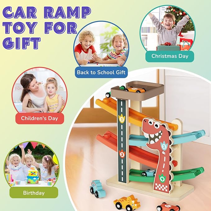 Montessori Toys for 1 Year Old, Car Ramp Track Toy for Toddlers 1-3, Wooden Toy Race Track with 4 Mini Cars, 2 Dinosaur Cars, 4 Ramps, Gift for Boys Girls Christmas Birthday
