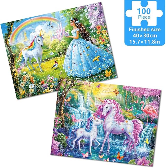 Pack of 2, 100 Piece Jigsaw Puzzles for Adults and Teens and Kids Family Happy Games Princess Unicorns Puzzles