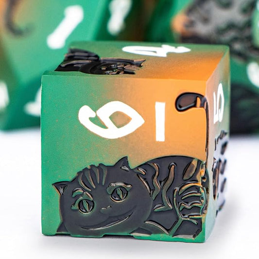 Metal DND Cat Dice 7PCS Polyhedral RPG Dice Set with Gift Case for Dungeons Dragons Role Playing Game, D and D Dice D6 D8 D10 D12 D20 D% (Orange Green)