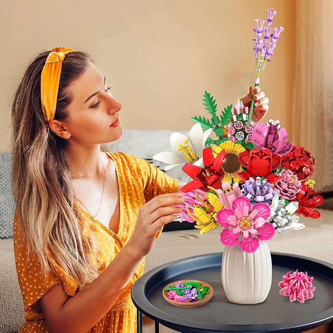 Flower Bouquet Building Set, 1464 PCS Botanical Collection Building Block Toy, 18 Flowers Rose Sunflower Home Plant Decor, Birthday Gifts for Adults Women Boys Girls 8-12+