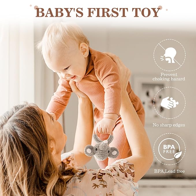 Wooden Baby Rattle 3 PCS Push Car Rattle Set Crochet Rattle Ring Wooden Montessori Toy for Newborn Infant Baby Gifts (Elephant Rattle)