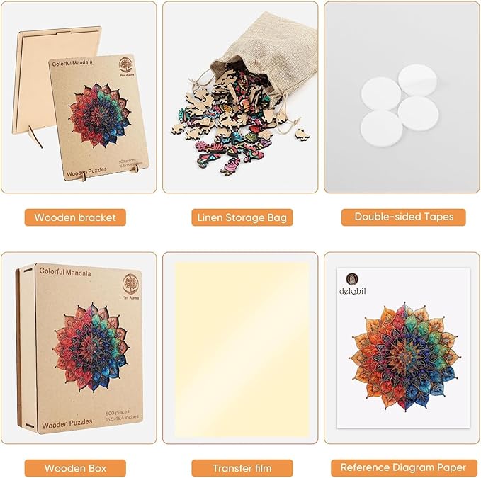 Colorful Mandala Wooden Puzzles for Adults, 500 Piece Unique Shaped Wood Jigsaw Puzzles for Adults and Kids, Fun Challenging Puzzles Family Game Gift, 16.5'' x 16.4''
