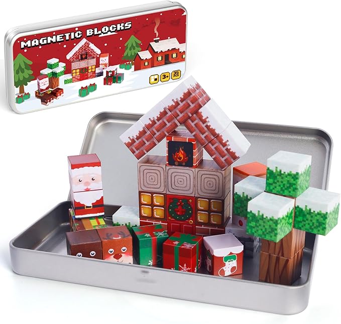 Magnetic Blocks Travel Toys Set - 35PCS Magnetic Cubes Magnet Tiles for Kids Ages 3+, Educational STME Christmas Tree ‌Sensory Game with Box - Christmas Birthday Gifts Boys and Girls