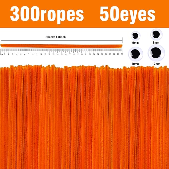 URSDIART (350pcs/Set) Orange Pipe Cleaners and Wiggle Eyes, Pumpkin Color Halloween Chenille Stems Pipe Cleaners Bulk 12 Inch Pipe Cleaners for Crafts DIY Creative, Christmas Decoration Art Supplies