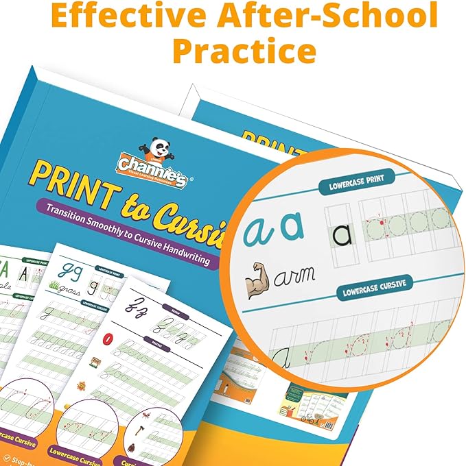 Channie's Print and Cursive Handwriting Workbook, Step-By-Step Uppercase & Lowercase Cursive Tracing Practice for Kids All Ages, Color-Coded, Easy to Follow Worksheets