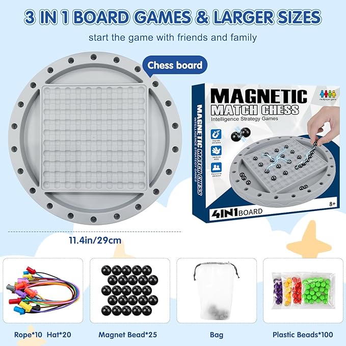 3 in 1 Board Games, 5-in-eine-Reihe-Spiel & Magnetic Chess & Rope Untangling Puzzle Game, 40 Pcs Stones, 60 Perlen, 10 String & Portable Storage Bag, Multi-Level Challenges Use for Kids Adults