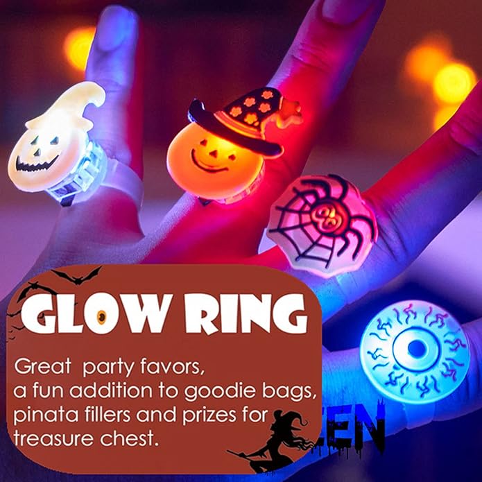 Halloween Light Up Rings 50Pcs Halloween Party Favors for kid Light Up Treat Glowing LED Ring for Kids Adults