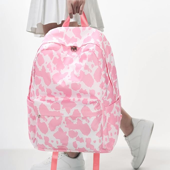 JIANYA Girls Backpack for School, Kids Elementary School Backpacks Water Resistant Pink Cow Print Backpack for Girls with Lunch Box
