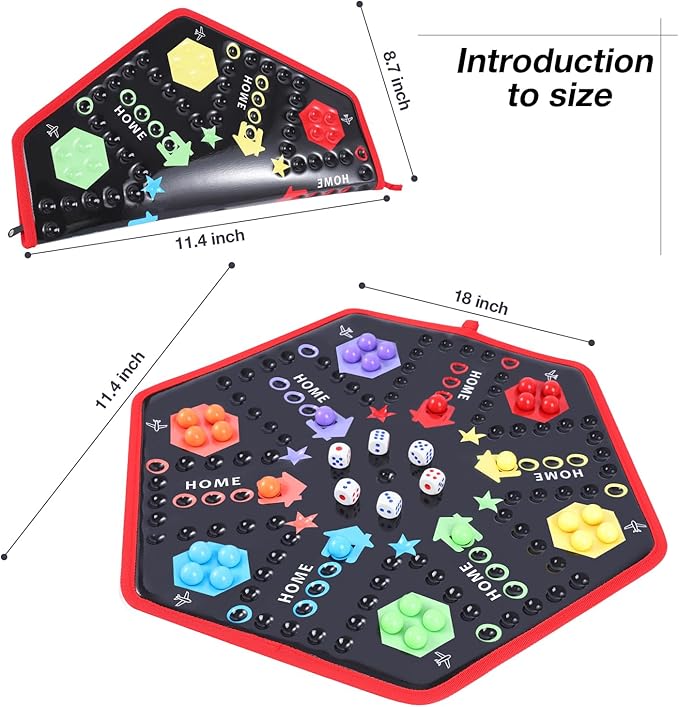 Wahoo Board Game Classic Marble Board Game Fast Track Game Foldable Base for 4 or 6 Players,with 6 Color,30 Marbles,6 Dices for Family Friends Party