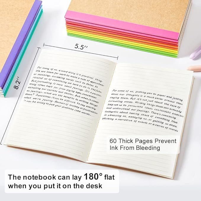feela 48 Pack Composition Notebooks Bulk, Kraft Cover Lined Blank College Ruled Composition Travel Journals with Rainbow Spines For Women Students Business, 60 Pages, 8.3”x 5.5”, A5, 8 Colors