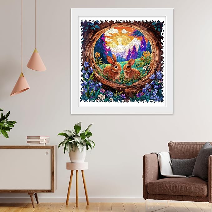 Rabbit Sunrise Wooden Puzzles, 200 Pieces Jigsaw Puzzles 11.3 x11.1 inch, Unique Design Wooden Puzzles for Adults and Kids, Family Game Gift