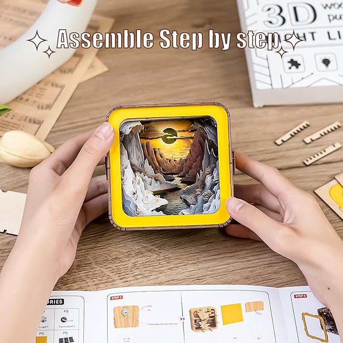 3D Puzzle Nightlight-DIY LED Light 3D Cave Wooden Puzzle-Art Lamp and Craft Kits for Kids and Adults-Birthday Gifts Toys-Home Desk Decor Family Game