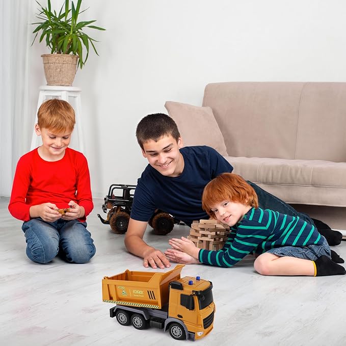 Remote Control Dump Truck Toys - RC Construction Vehicles with Blue Warning Lights, Trucks Toy for Boys Girls 3 4 5-7 8 9 10 Year Old and Up, Best Birthday Gift Ideas for Kids Age 5-10