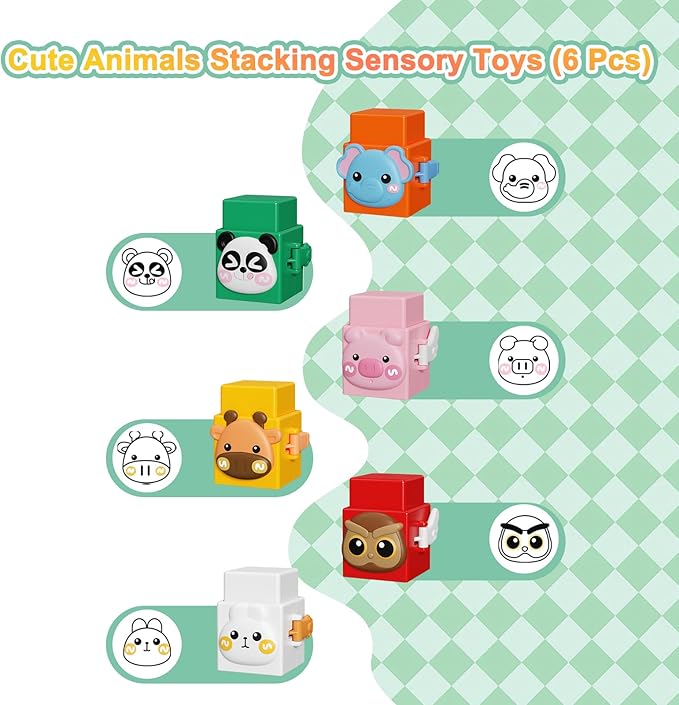 6 PCS Stacking Toys Set for Toddlers 18+ Months 1 2 3 4 Years Old Boys Girls Preschool Sensory Block Toys Pressable Animals Stacking Blocks with Cute Expressions Fun Christmas Birthday Gifts for Kids