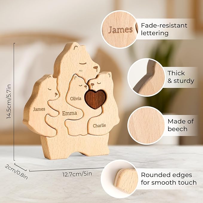 Wooden Mommy Bears Family Puzzle, Personalized Puzzles with 2–5 Names, Father's Day Personalized Gifts for Dad Mom Kids Teen Boys Girls Grandma, Toddler Men Birthday Mother's Day Decorations