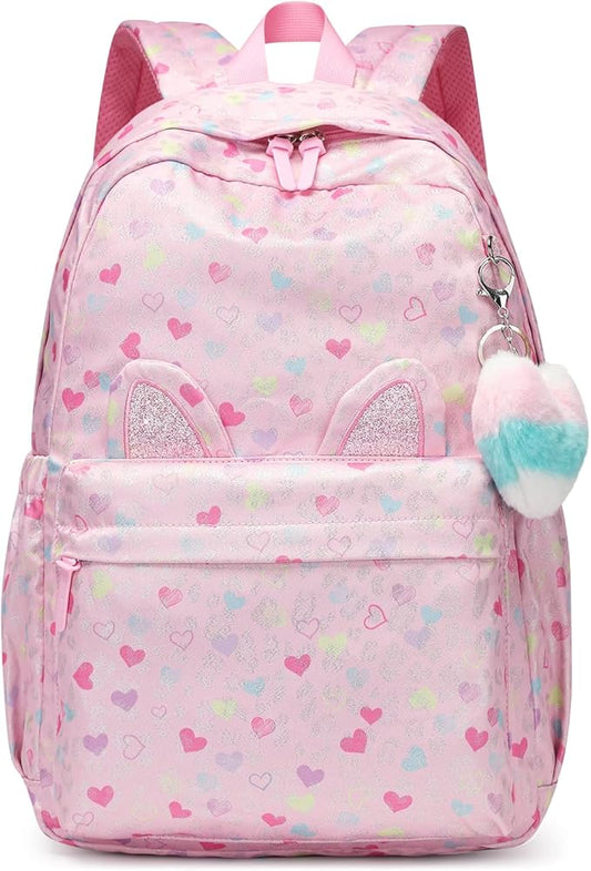 SUN EIGHT Lightweight Backpack for Girls Kids Elementary Bookbag Waterproof Large Space School Backpacks for Teens for Travel and School Ages 6+ Years old Casual Backpack（Pink Peach Heart）