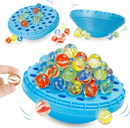 Marble Balance Game - 50 Colorful Marbles with Built-in Storage, Fun Family Challenge for 1-4 Players, Educational Toy for Kids & Adults, Perfect for Parties, Travel & Birthday Gifts (Blue)