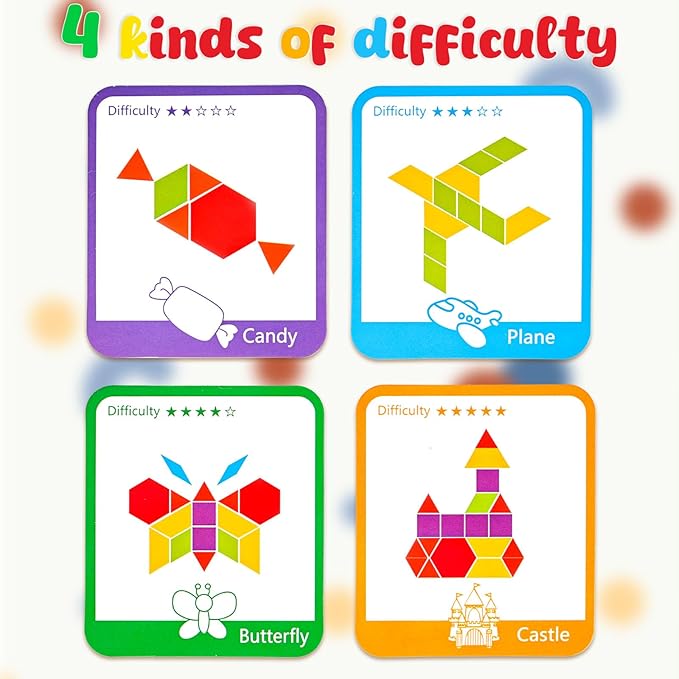 LovesTown 209 PCS Shapes Wooden Pattern Blocks for Kids,Geometric with Activity Cards and Storage Bag, Educational Tangram Puzzles,Great Learning Gift from Parents or Teachers