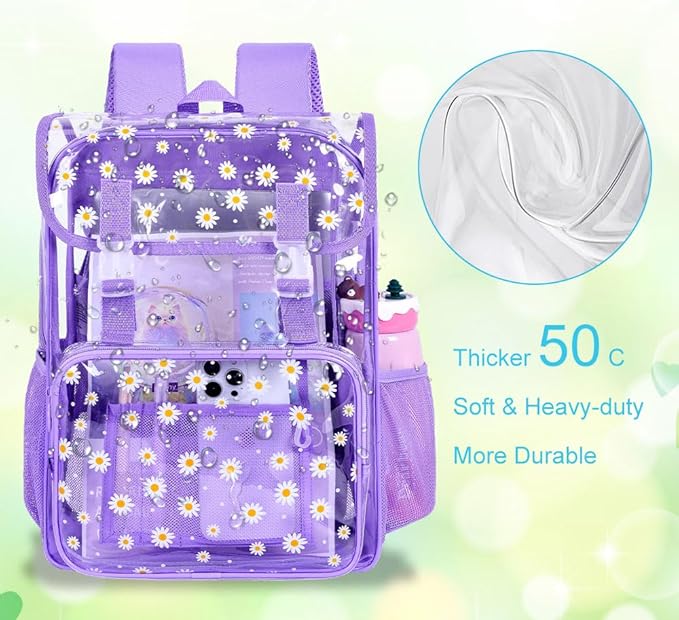 17" Daisy Clear Backpack for Girls - Flip Design Stadium Approved 3Pcs Set, Transparent Bookbag for Concert/School (Purple)