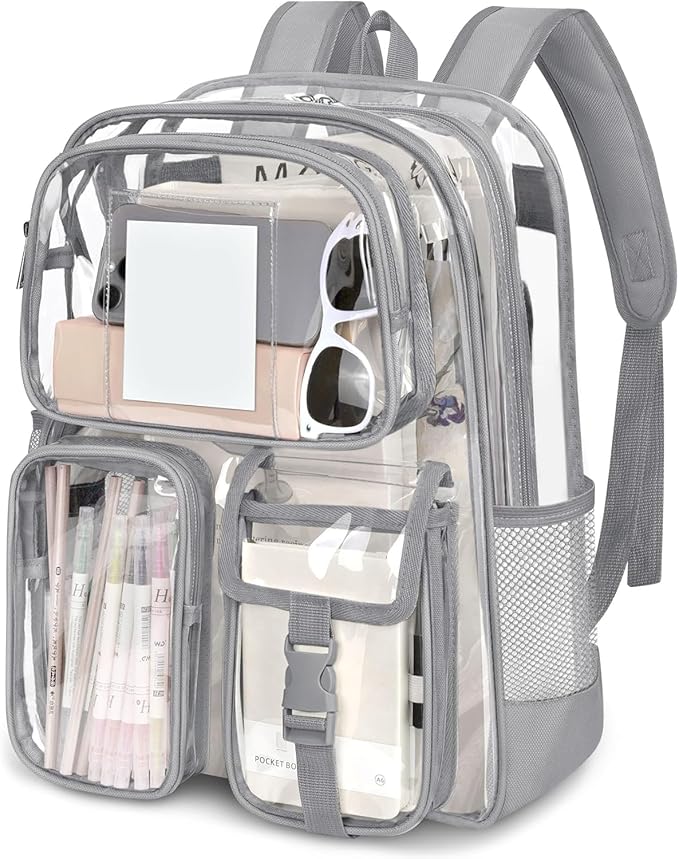 Attmu Gray Clear Backpack, Heavy Duty PVC Clear Bag for Stadium Events, Transparent Backpack with Reinforced Straps & Stitches for Girls Boys, Large Capacity Bookbag for School, Travel, College, Work