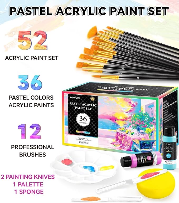 52 PCS Pastel Acrylic Paint Set with 12 Brushes, 2 Knives & Palette, 36 Colors (2oz/60ml) Art Craft Paint for Adults Kids Artists Beginners, Halloween Pumpkin Canvas Ceramic Rock Painting Kit