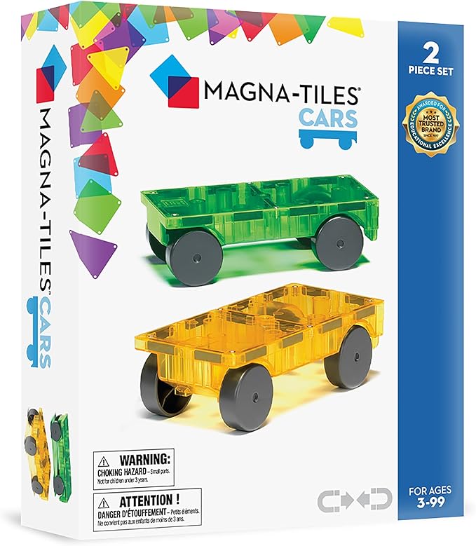 MAGNA-TILES Cars – Green & Yellow 2-Piece Magnetic Construction Set, The ORIGINAL Magnetic Building Brand