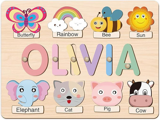 Personalized Name Puzzle for Kids, Customized Baby Gifts, 1st Birthday Gifts for Girls Boys, Toddler Learning Toys 1-3 Animal Puzzle Montessor Toys for Kids