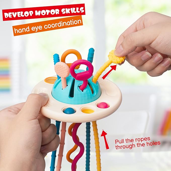 LiKee Montessori Toys for Baby 1+ Years Old, Sensory Development Toys for Toddlers 1-3, Silicone Pull String Travel Toy for 18+ Months, Gift for Baby Shower Infants Car Seat High Chair