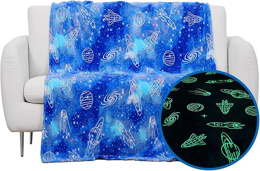Wesan Glow in The Dark Galaxy Blanket Space Gifts for Kids Boys Girls Outer Space Planets Spaceships Astronomy Starry Sky Throw Birthday for 1-13 Year Teenage Teens Blue 50"x60"