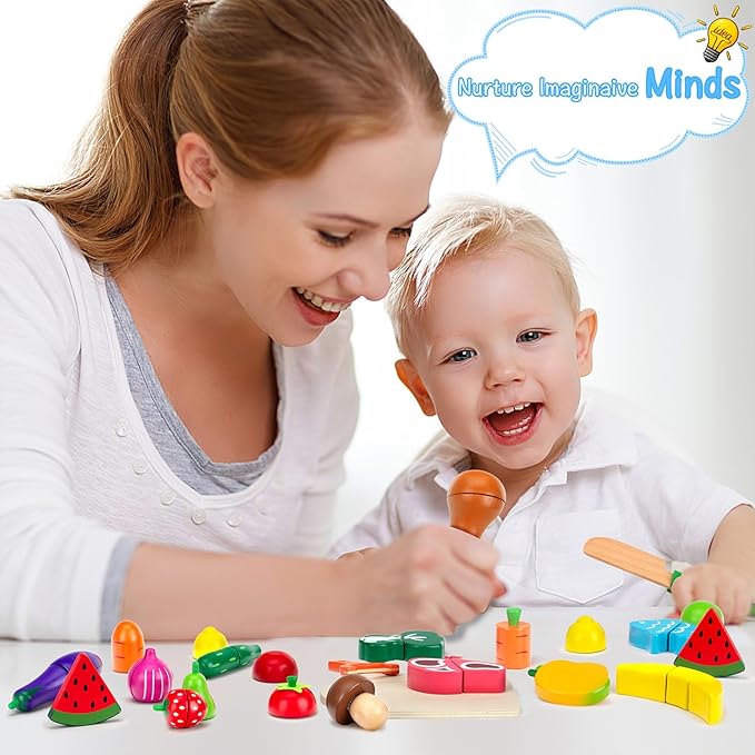 Wooden Play Food Sets for Kids Kitchen - Cutting Fruits and Veggies Toddler Toys Pretend Food Play Kitchen Accessories Montessori Educational Toys Gifts for Kids Boys Girls 3+