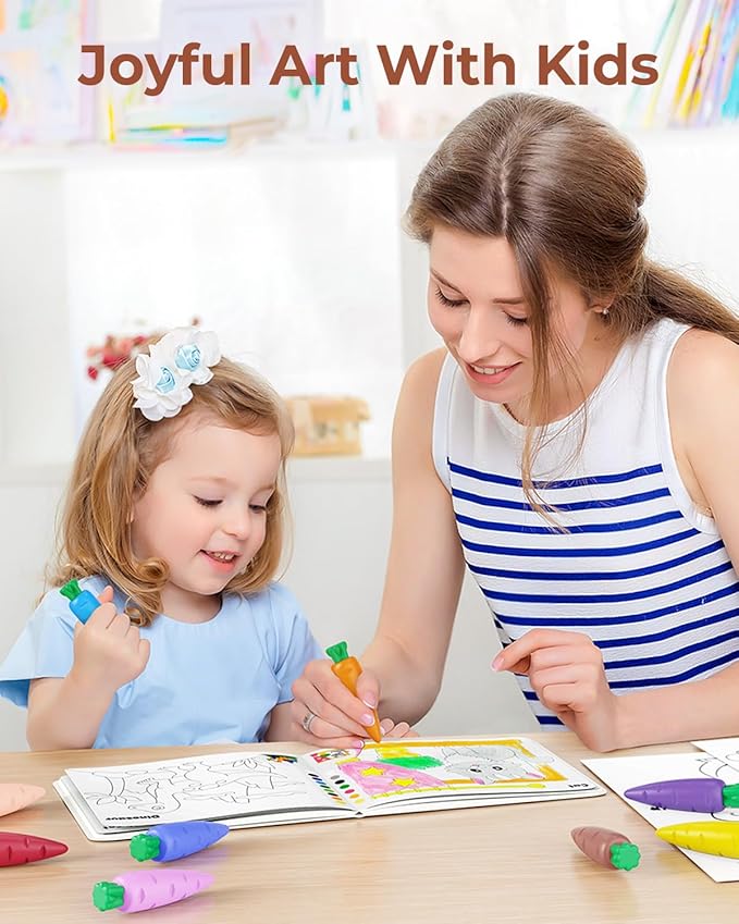 24 Colors Crayons for Toddlers 1-3, Non Toxic Beeswax Carrot-Shaped Toddler Crayons with 30-Page Coloring Book and 120 PDF Pages, Mess-Free Coloring for Kids Ages 2-4 4-8 Art Supplies Gift